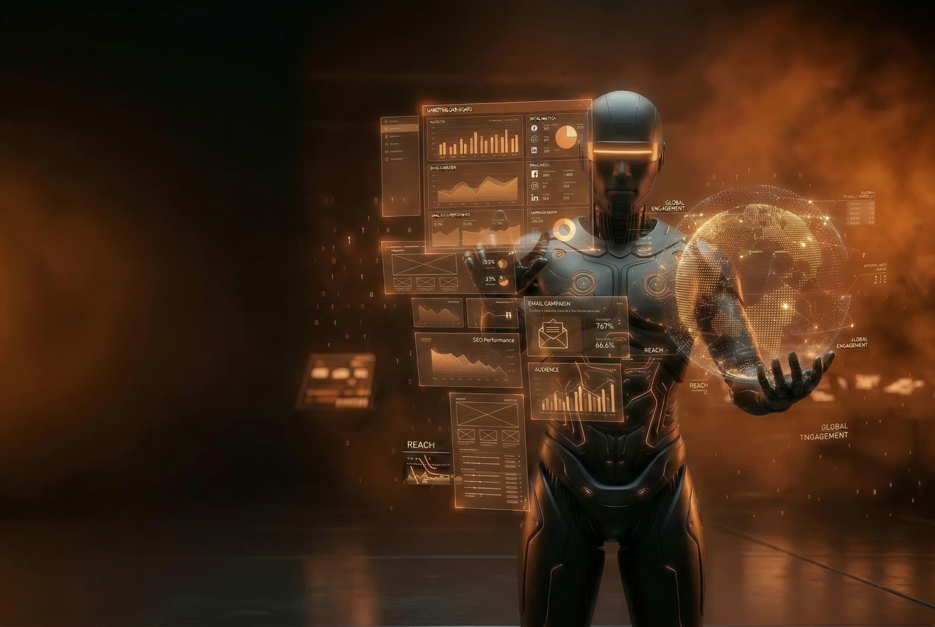 Agente de IA futurista con dashboards holograficos de marketing en Orlando