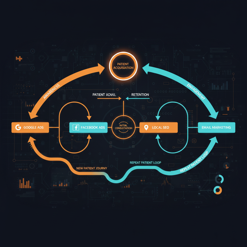 Canales de marketing digital para clinicas hispanas incluyendo Google Ads Meta Ads SEO y email marketing